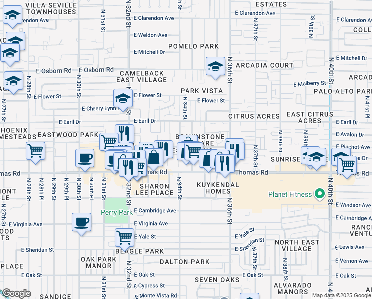 map of restaurants, bars, coffee shops, grocery stores, and more near 2932 North 34th Place in Phoenix
