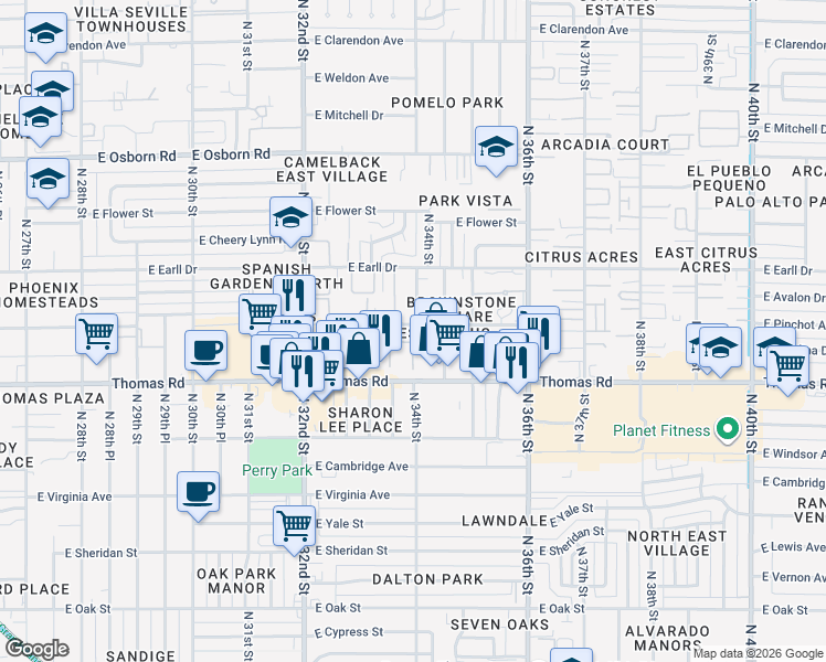 map of restaurants, bars, coffee shops, grocery stores, and more near 2932 North 34th Place in Phoenix