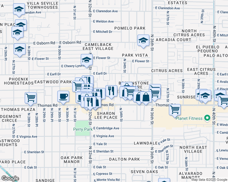 map of restaurants, bars, coffee shops, grocery stores, and more near 3330 East Thomas Road in Phoenix
