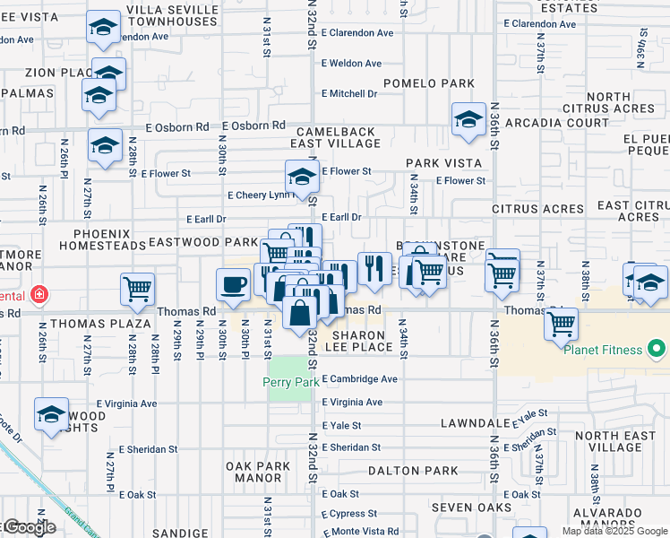 map of restaurants, bars, coffee shops, grocery stores, and more near 2921 North 32nd Street in Phoenix