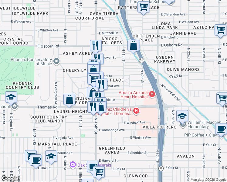 map of restaurants, bars, coffee shops, grocery stores, and more near 1701 East Catalina Drive in Phoenix