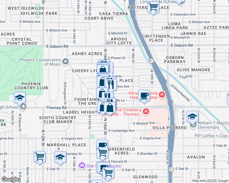 map of restaurants, bars, coffee shops, grocery stores, and more near 2929 North 16th Street in Phoenix