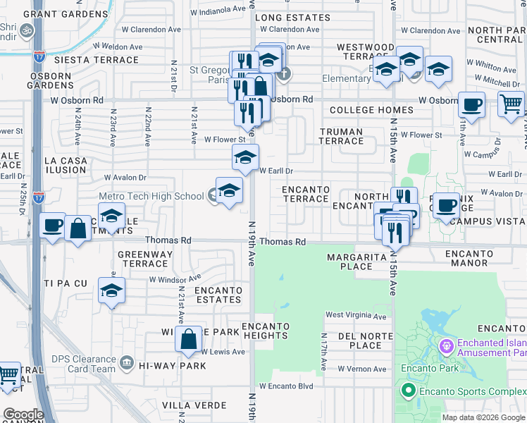map of restaurants, bars, coffee shops, grocery stores, and more near 2917 North 19th Avenue in Phoenix