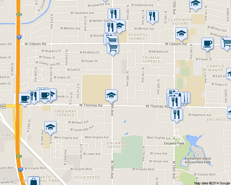 map of restaurants, bars, coffee shops, grocery stores, and more near 2917 North 19th Avenue in Phoenix