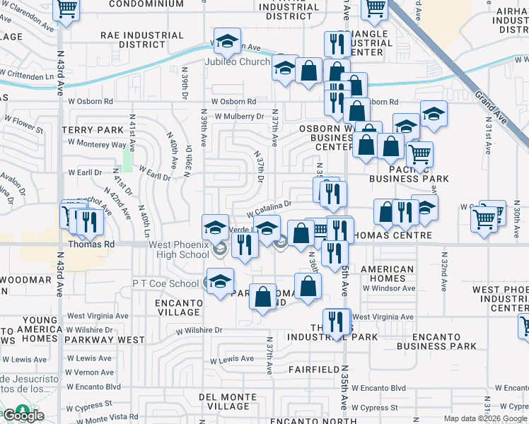 map of restaurants, bars, coffee shops, grocery stores, and more near 3730 West Verde Lane in Phoenix