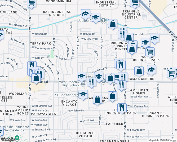 map of restaurants, bars, coffee shops, grocery stores, and more near 3806 West Verde Lane in Phoenix