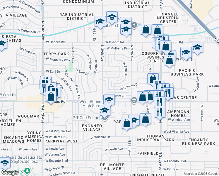 map of restaurants, bars, coffee shops, grocery stores, and more near 3806 West Verde Lane in Phoenix