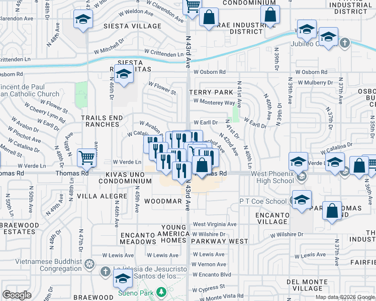 map of restaurants, bars, coffee shops, grocery stores, and more near 2920 N 43rd Ave in Phoenix