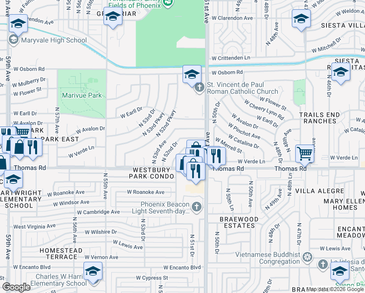map of restaurants, bars, coffee shops, grocery stores, and more near 2926 North 52nd Avenue in Phoenix