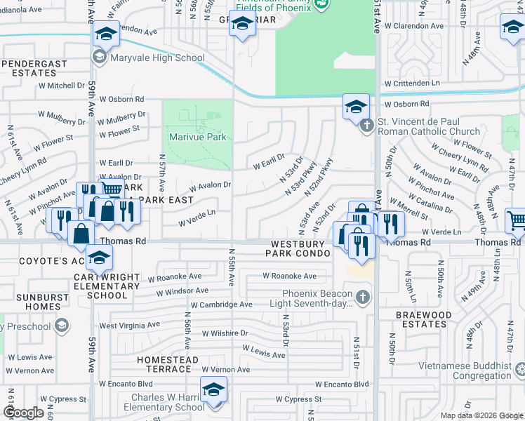 map of restaurants, bars, coffee shops, grocery stores, and more near 2919 North 54th Drive in Phoenix