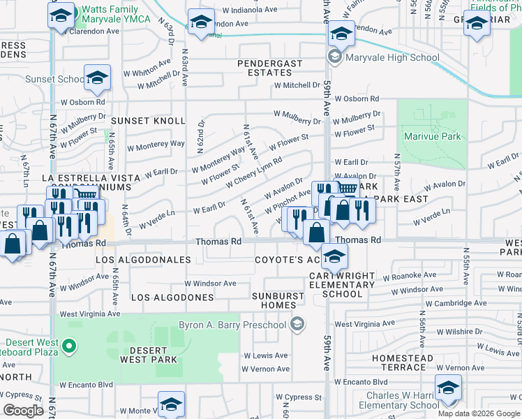 map of restaurants, bars, coffee shops, grocery stores, and more near 2924 North 61st Avenue in Phoenix