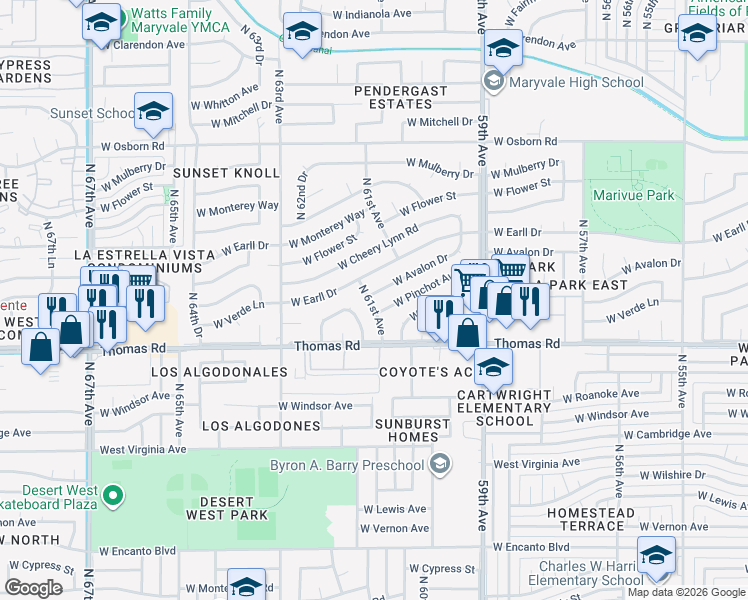 map of restaurants, bars, coffee shops, grocery stores, and more near 2924 North 61st Avenue in Phoenix