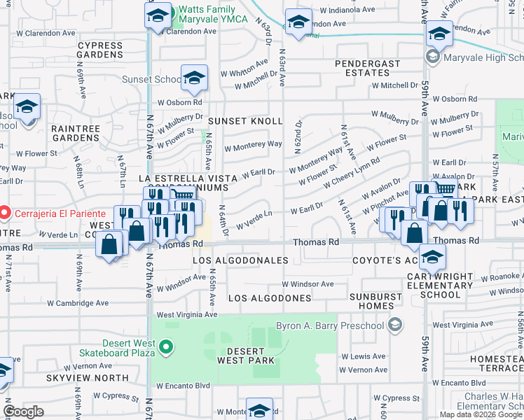 map of restaurants, bars, coffee shops, grocery stores, and more near 6341 West Verde Lane in Phoenix