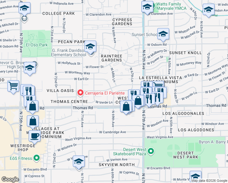 map of restaurants, bars, coffee shops, grocery stores, and more near 2934 North 69th Avenue in Phoenix