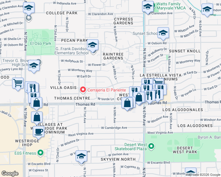 map of restaurants, bars, coffee shops, grocery stores, and more near 2934 North 69th Avenue in Phoenix