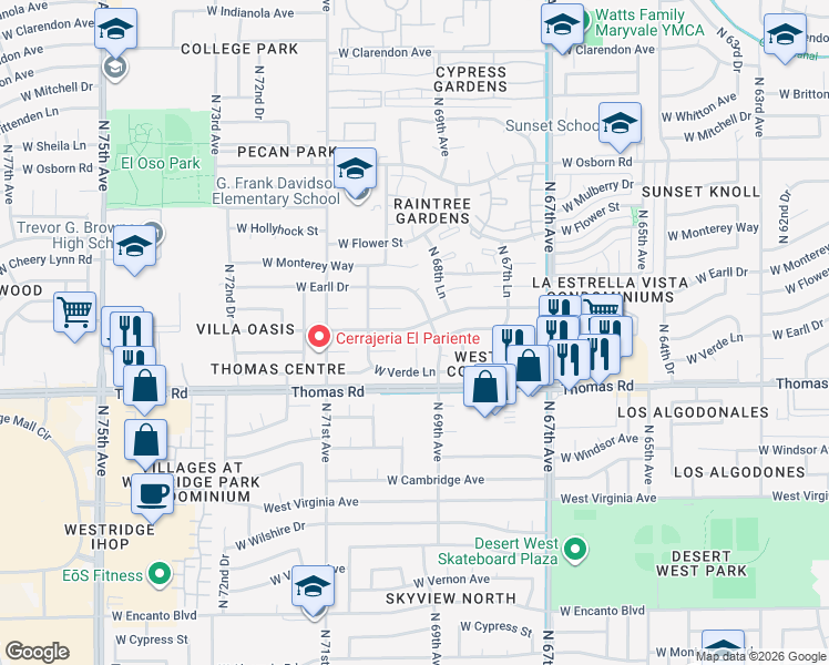 map of restaurants, bars, coffee shops, grocery stores, and more near 6930 West Merrell Street in Phoenix