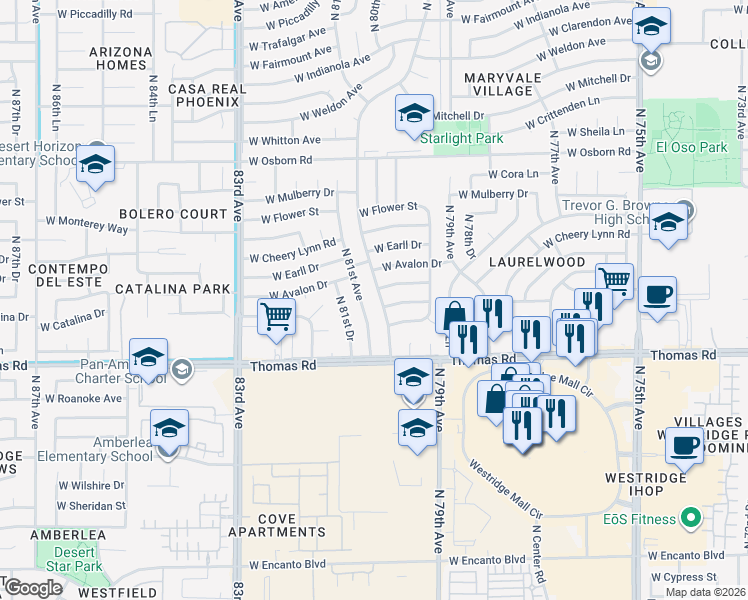 map of restaurants, bars, coffee shops, grocery stores, and more near 2940 North 80th Lane in Phoenix