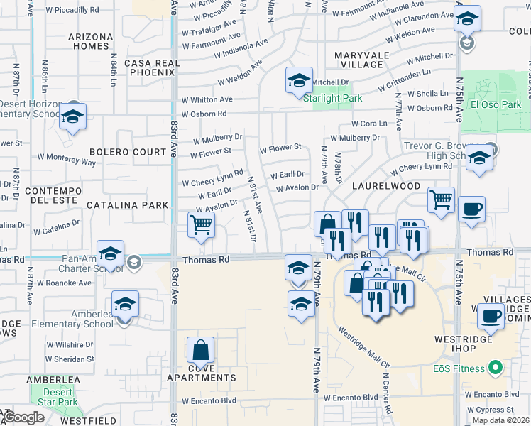 map of restaurants, bars, coffee shops, grocery stores, and more near 2941 North 81st Drive in Phoenix