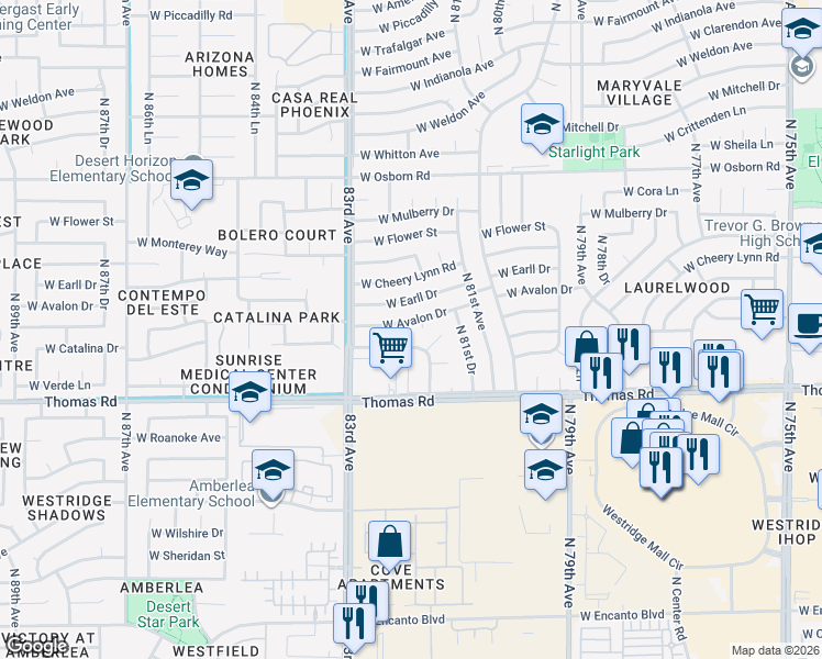 map of restaurants, bars, coffee shops, grocery stores, and more near 8211 West Catalina Drive in Phoenix
