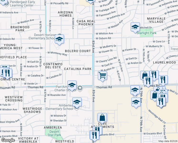 map of restaurants, bars, coffee shops, grocery stores, and more near 8323 West Catalina Drive in Phoenix