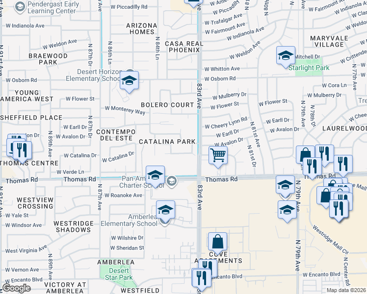 map of restaurants, bars, coffee shops, grocery stores, and more near 8323 West Catalina Drive in Phoenix