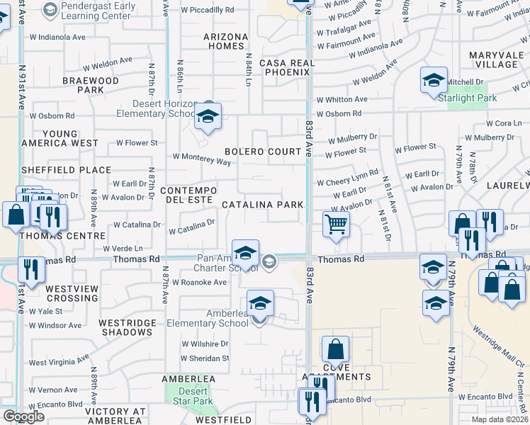 map of restaurants, bars, coffee shops, grocery stores, and more near 8405 West Catalina Drive in Phoenix