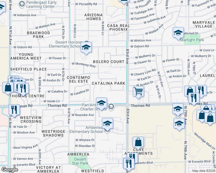 map of restaurants, bars, coffee shops, grocery stores, and more near 8405 West Catalina Drive in Phoenix