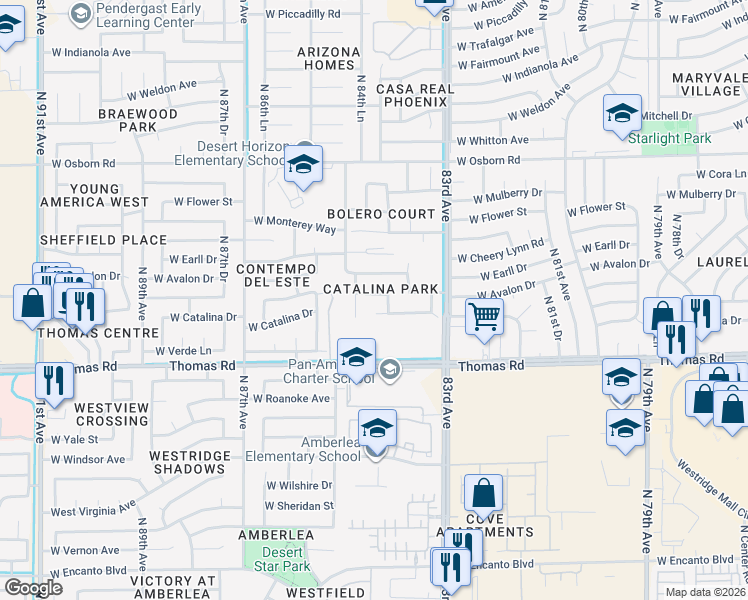 map of restaurants, bars, coffee shops, grocery stores, and more near 8405 West Catalina Drive in Phoenix