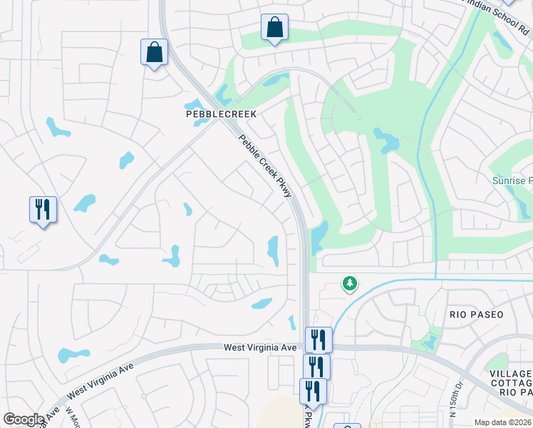 map of restaurants, bars, coffee shops, grocery stores, and more near 15585 West Earll Drive in Goodyear