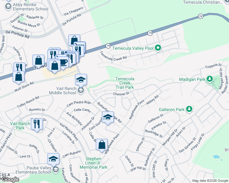 map of restaurants, bars, coffee shops, grocery stores, and more near 44365 Penbrook Lane in Temecula