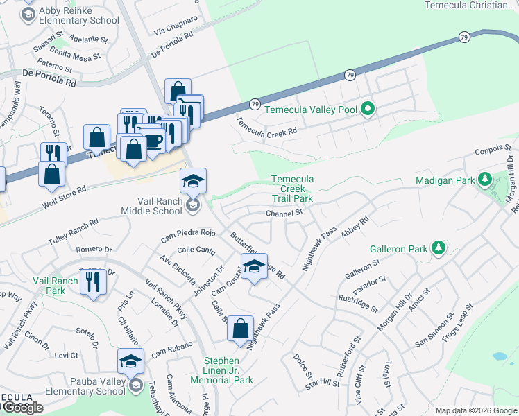 map of restaurants, bars, coffee shops, grocery stores, and more near 33408 Scarborough Lane in Temecula