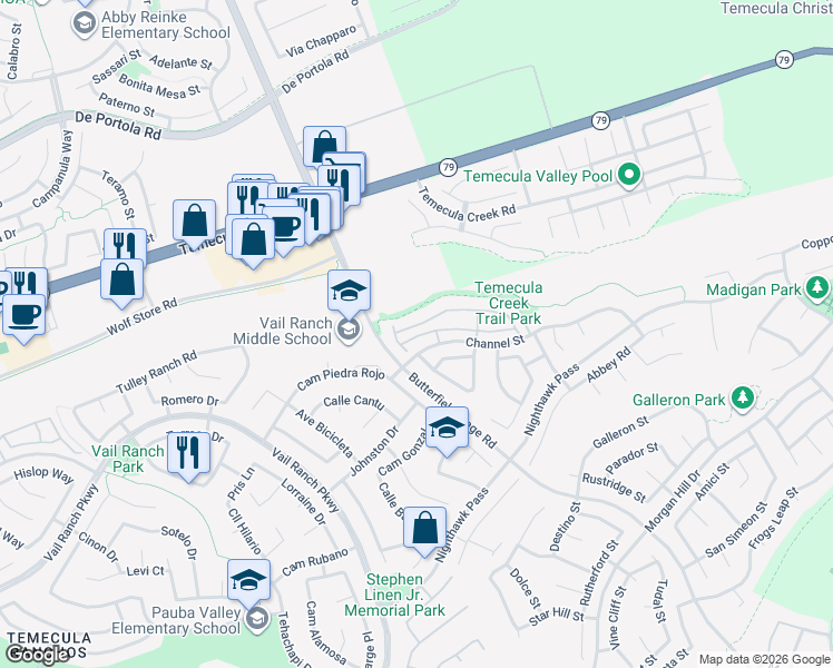 map of restaurants, bars, coffee shops, grocery stores, and more near 33417 Emerson Way in Temecula