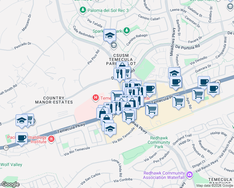 map of restaurants, bars, coffee shops, grocery stores, and more near 44153 Margarita Road in Temecula
