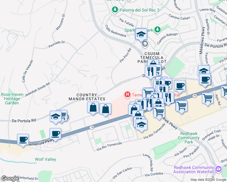 map of restaurants, bars, coffee shops, grocery stores, and more near 30925 De Portola Road in Temecula