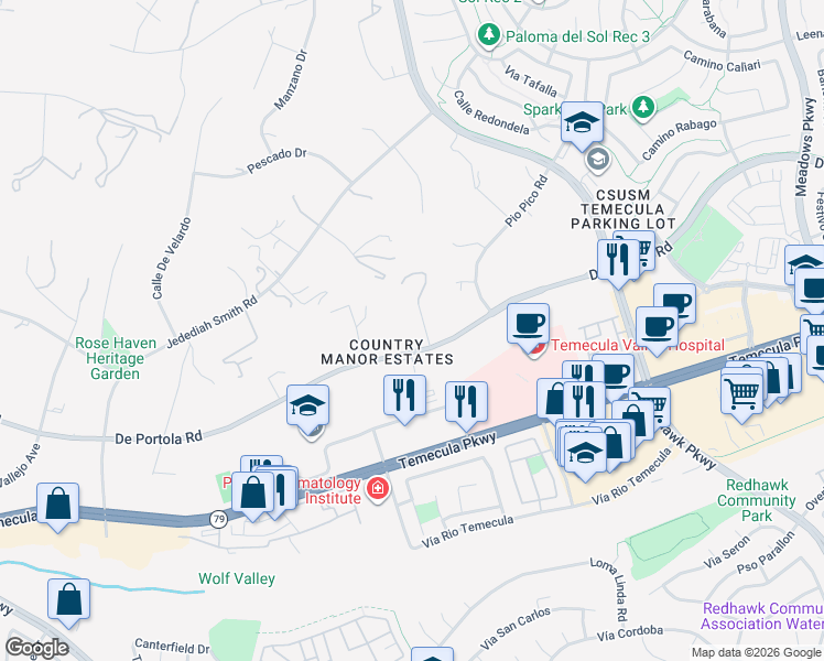 map of restaurants, bars, coffee shops, grocery stores, and more near 30850 De Portola Road in Temecula