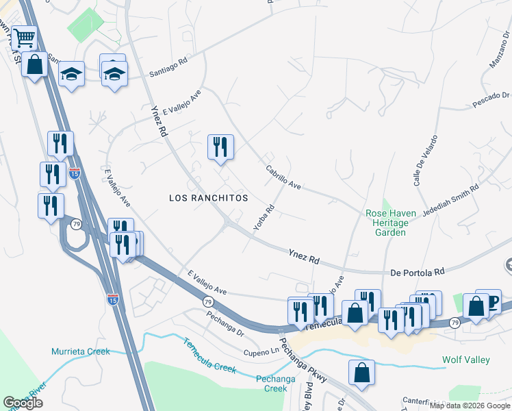 map of restaurants, bars, coffee shops, grocery stores, and more near 41640 Yorba Road in Temecula