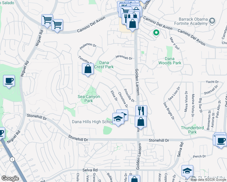 map of restaurants, bars, coffee shops, grocery stores, and more near 33141 Christina Drive in Dana Point