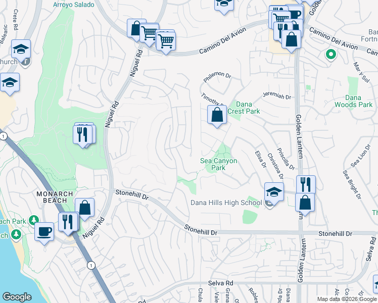 map of restaurants, bars, coffee shops, grocery stores, and more near 33158 Saint Kitts in Dana Point