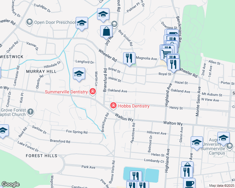 map of restaurants, bars, coffee shops, grocery stores, and more near 2925 Henry Street in Augusta