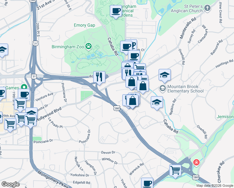map of restaurants, bars, coffee shops, grocery stores, and more near 2310 Brook Manor Drive in Mountain Brook