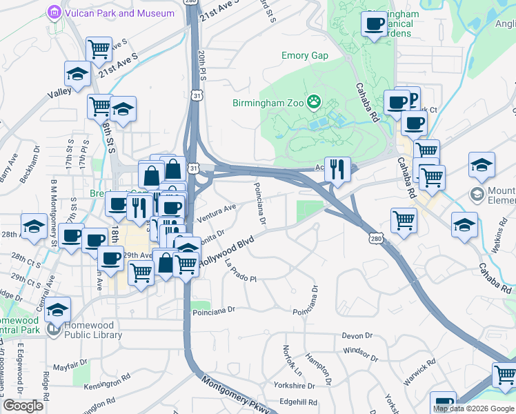 map of restaurants, bars, coffee shops, grocery stores, and more near 107 Poinciana Drive in Homewood