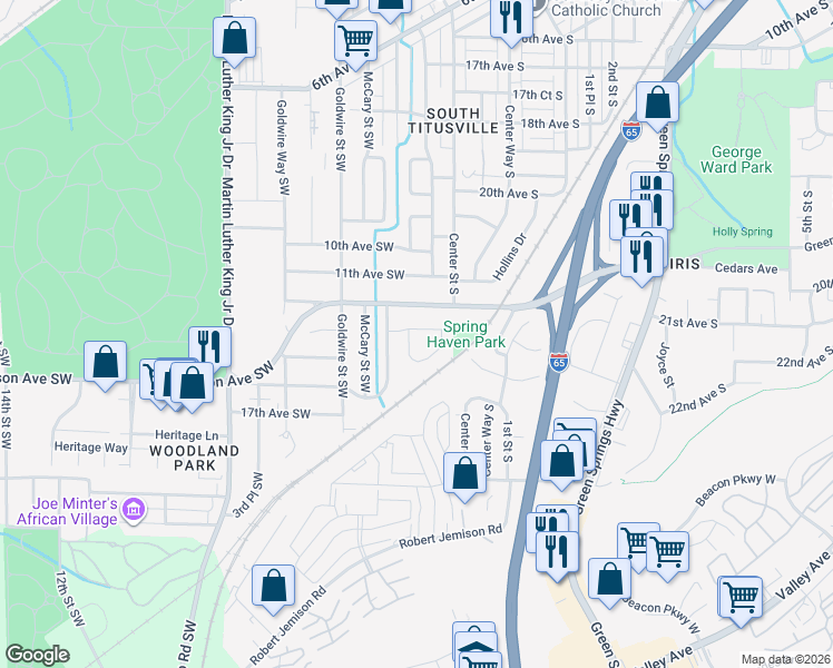 map of restaurants, bars, coffee shops, grocery stores, and more near 20 Spring Haven Circle Southwest in Birmingham