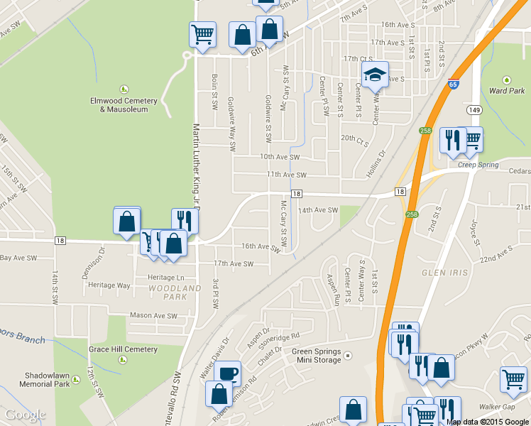 map of restaurants, bars, coffee shops, grocery stores, and more near 1417 Goldwire Street Southwest in Birmingham