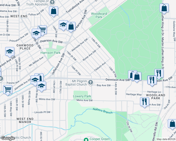 map of restaurants, bars, coffee shops, grocery stores, and more near 1280 16th Street Southwest in Birmingham