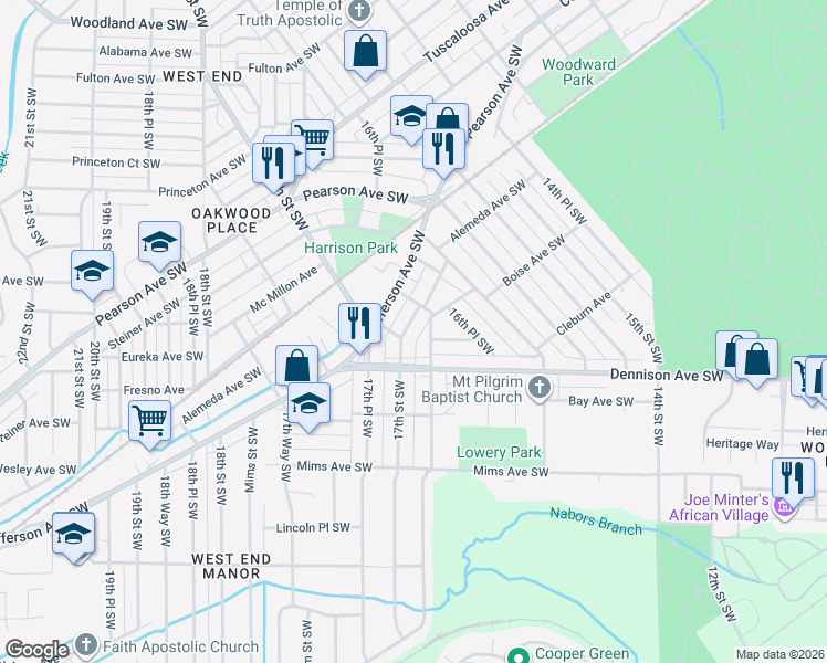 map of restaurants, bars, coffee shops, grocery stores, and more near 1228 16th Way Southwest in Birmingham