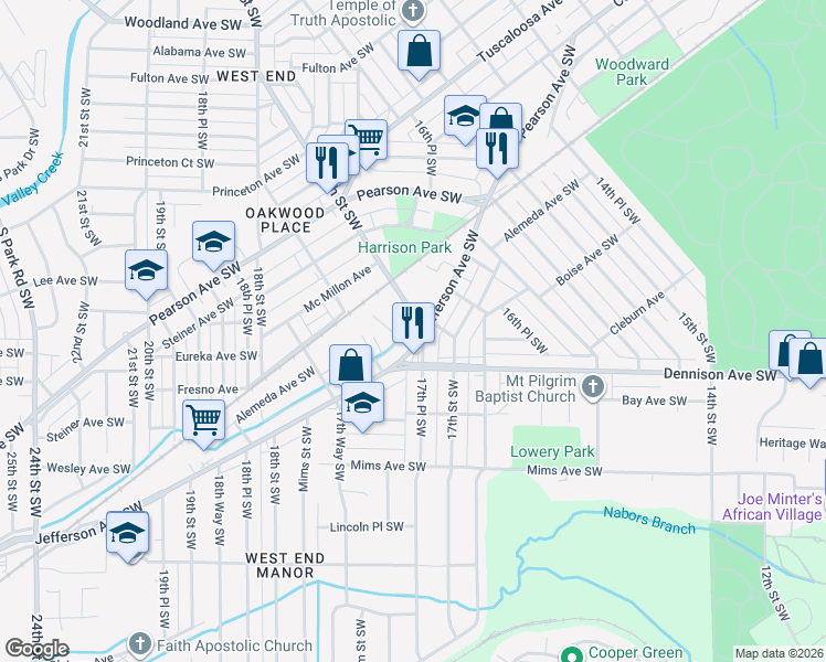 map of restaurants, bars, coffee shops, grocery stores, and more near 1209 17th Place Southwest in Birmingham