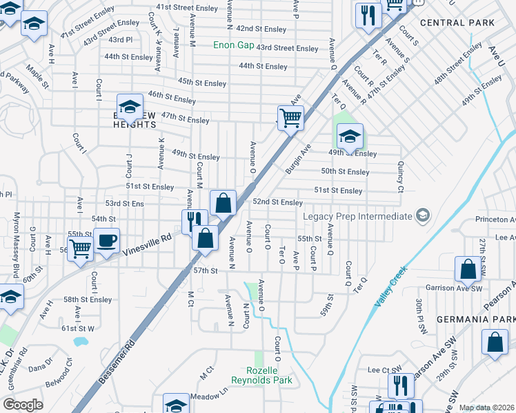 map of restaurants, bars, coffee shops, grocery stores, and more near 1508 53rd Street Ensley in Birmingham