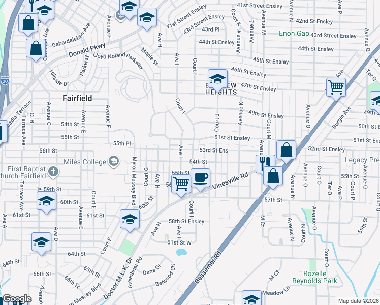 map of restaurants, bars, coffee shops, grocery stores, and more near 5320 Court I in Birmingham