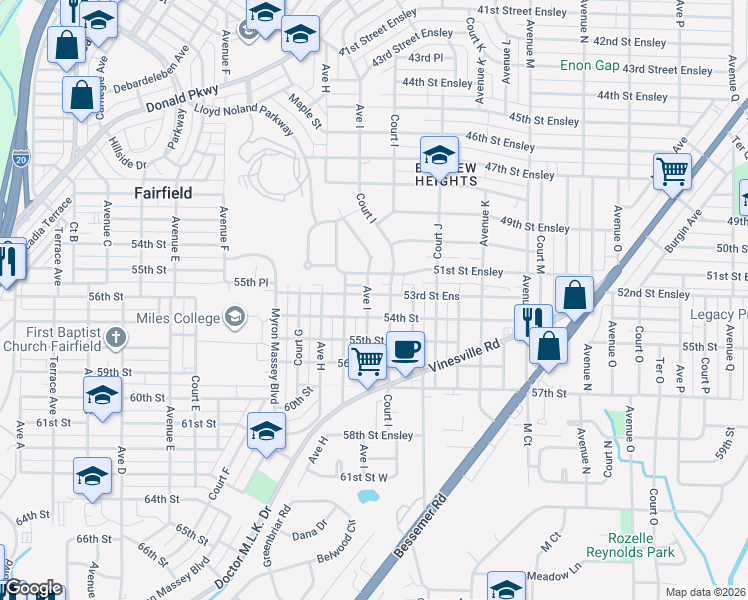 map of restaurants, bars, coffee shops, grocery stores, and more near 5320 Court I in Birmingham
