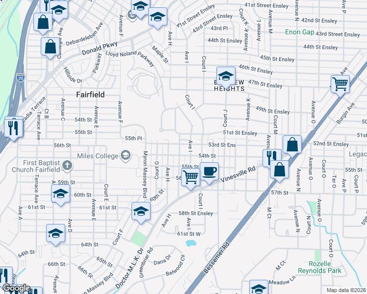 map of restaurants, bars, coffee shops, grocery stores, and more near 5321 Court H in Birmingham